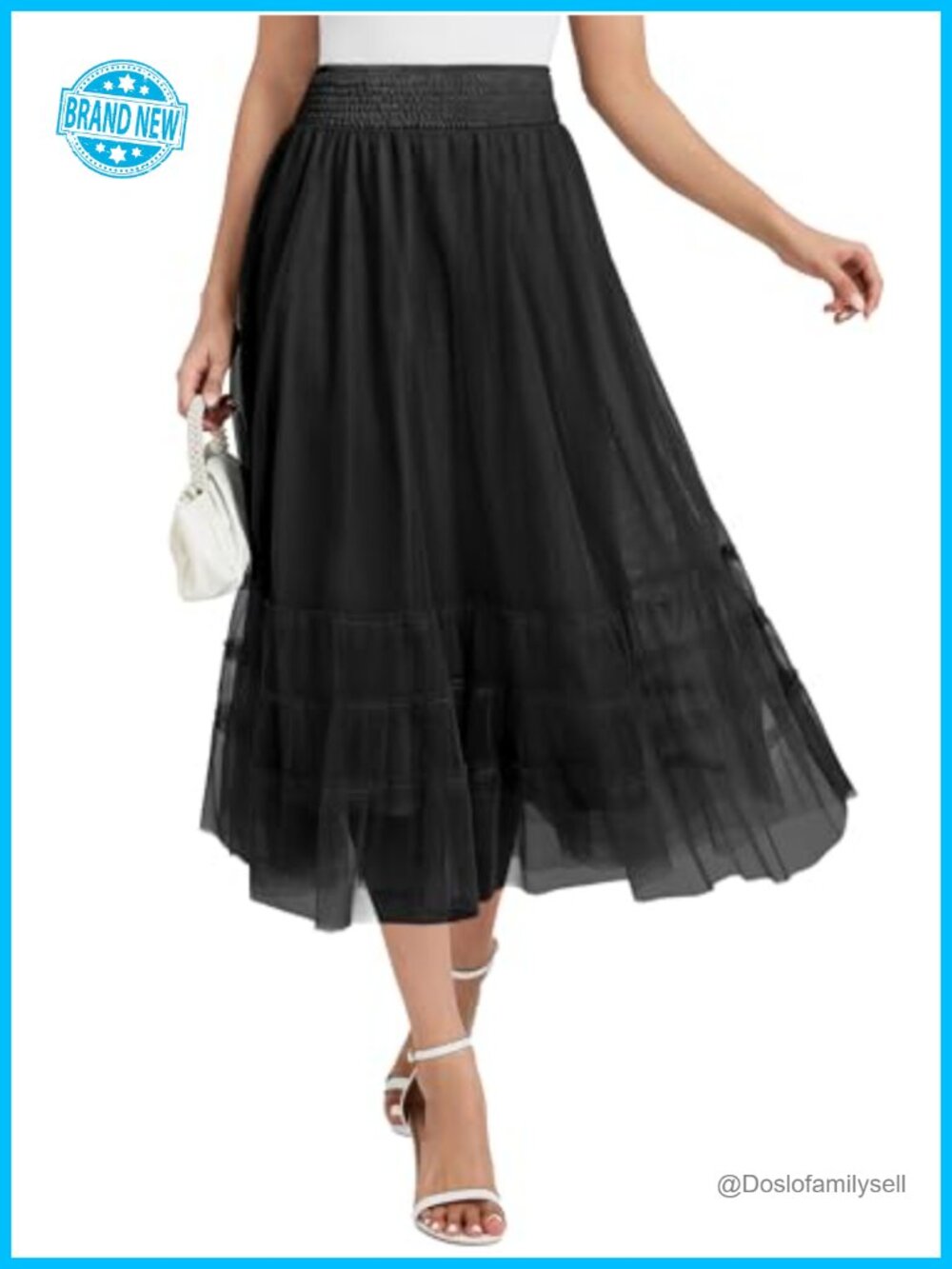 Women's Midi Tulle Skirt High Waisted A-Line Flowy Tiered Elastic Waist
